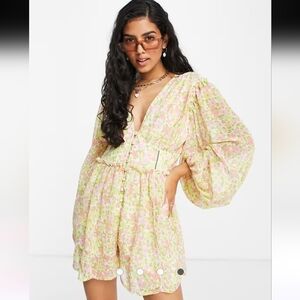 Asos Design Retro Floral V-Neck Long Sleeve Romper